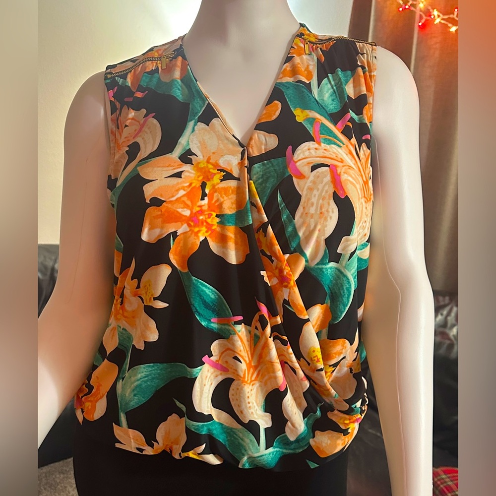 NWT INC Tropical Print elastic bottom crossover top XL